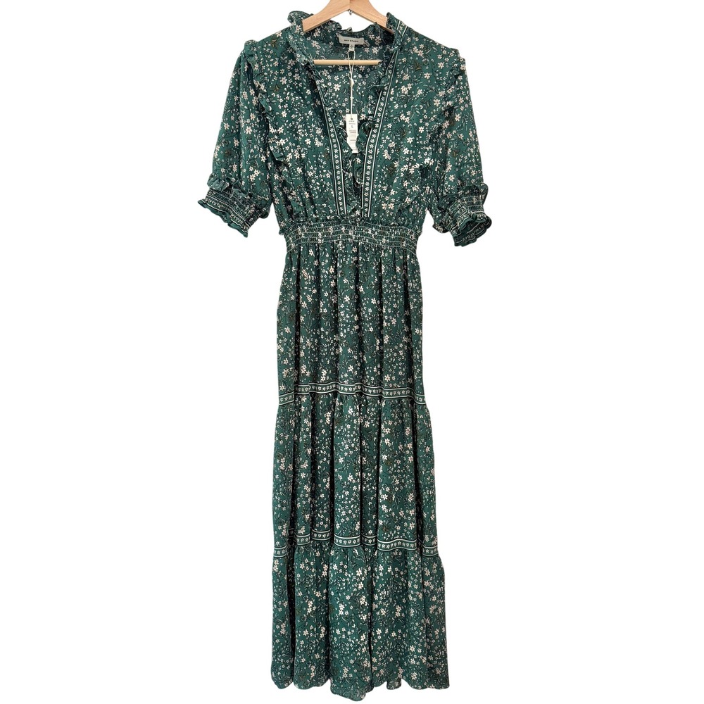 NWT Max Studio Boho Green Floral Smocked Waist Tiered Maxi Dress Size L